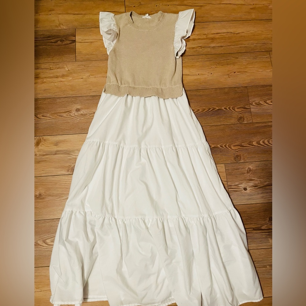 Sleeveless Beige Knit Bodice White Tiered Maxi Dress